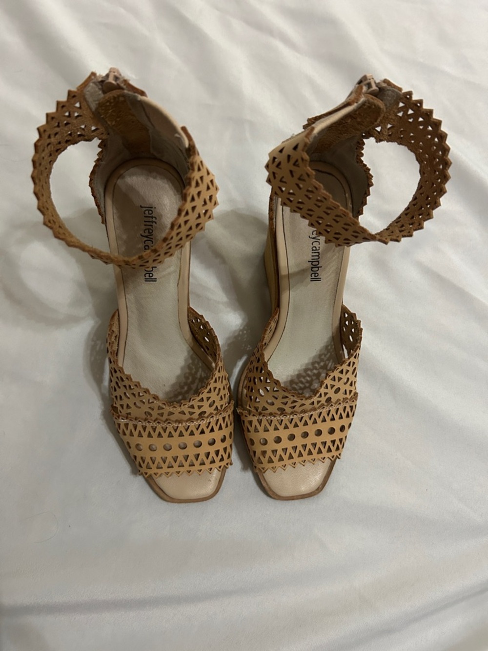 Jeffrey Campbell Tan Laser-Cut Geometric Ankle Strap Heels